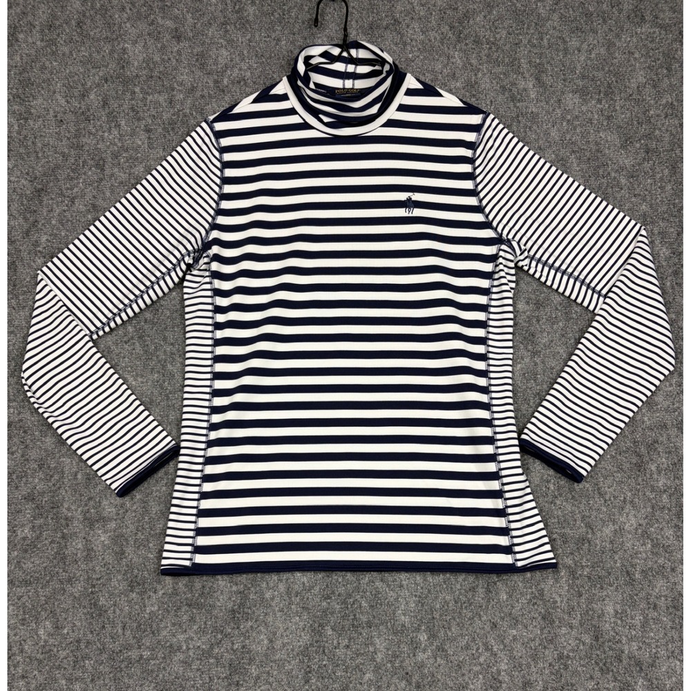 Polo Golf Ralph Lauren Women Large Striped Mock Neck Long Sleeve Shirt Navy Blue